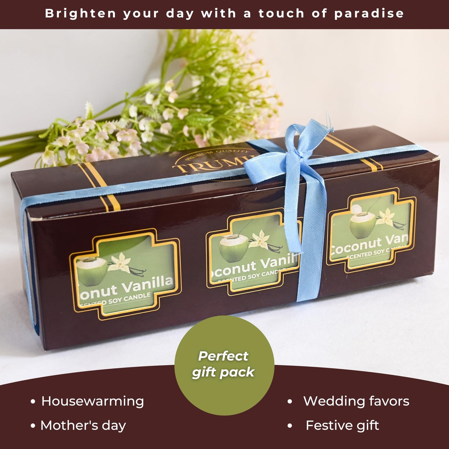 Coconut Vanilla - Aromatherapy Candles for Home Scented - Pack of 3-5oz Natural Soy Wax Clean Organic Non Toxic - Long Lasting Highly Scented with Essential Oils - Gifts for Women Relaxing Spa