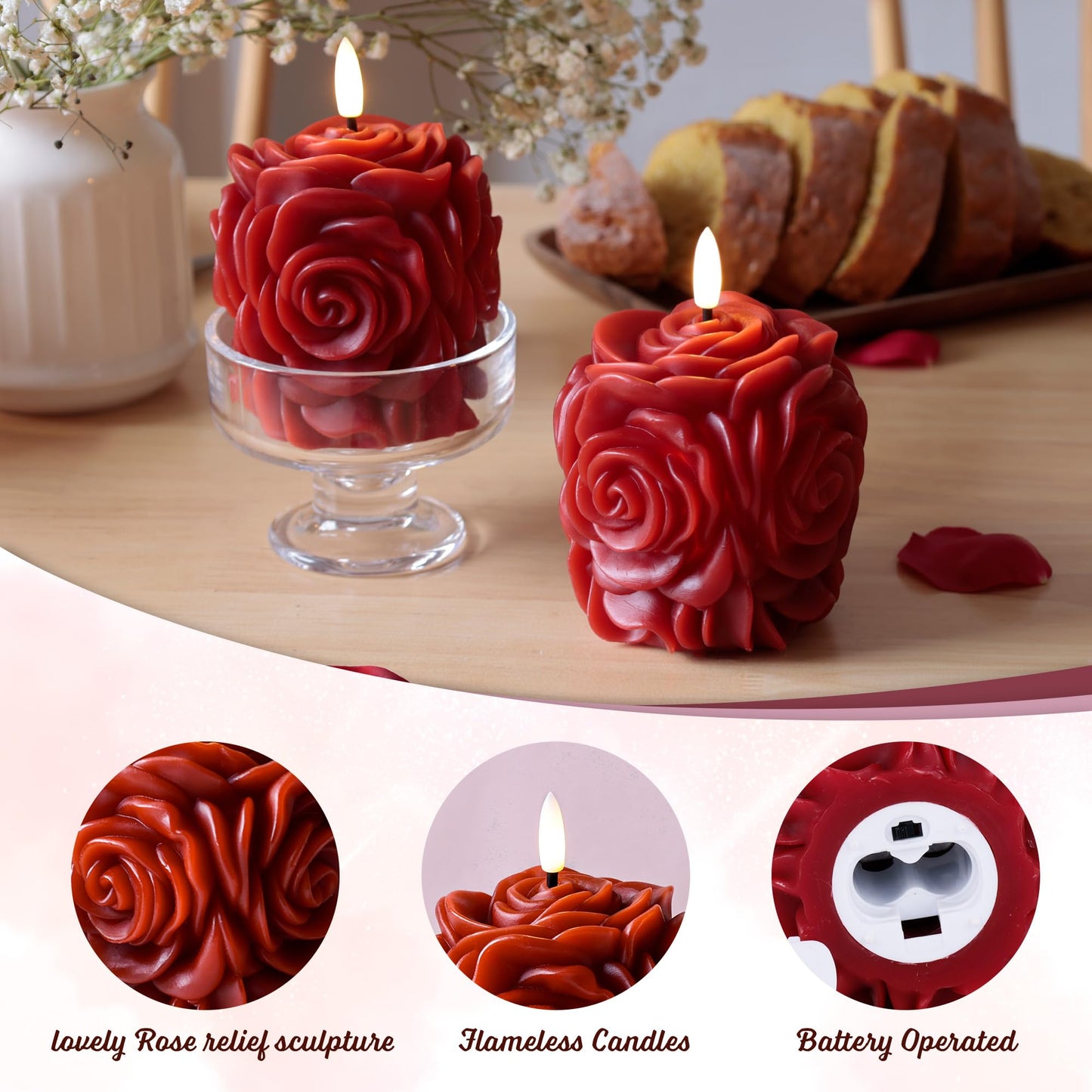 JOIONE Valentines Day Flameless LED Candles, Rose Shaped 3D Flickering Flame Battery Operated Candle with Remote, Romantic Candles for Date Night, Valentine's Day, Wedding and Home Décor, Red