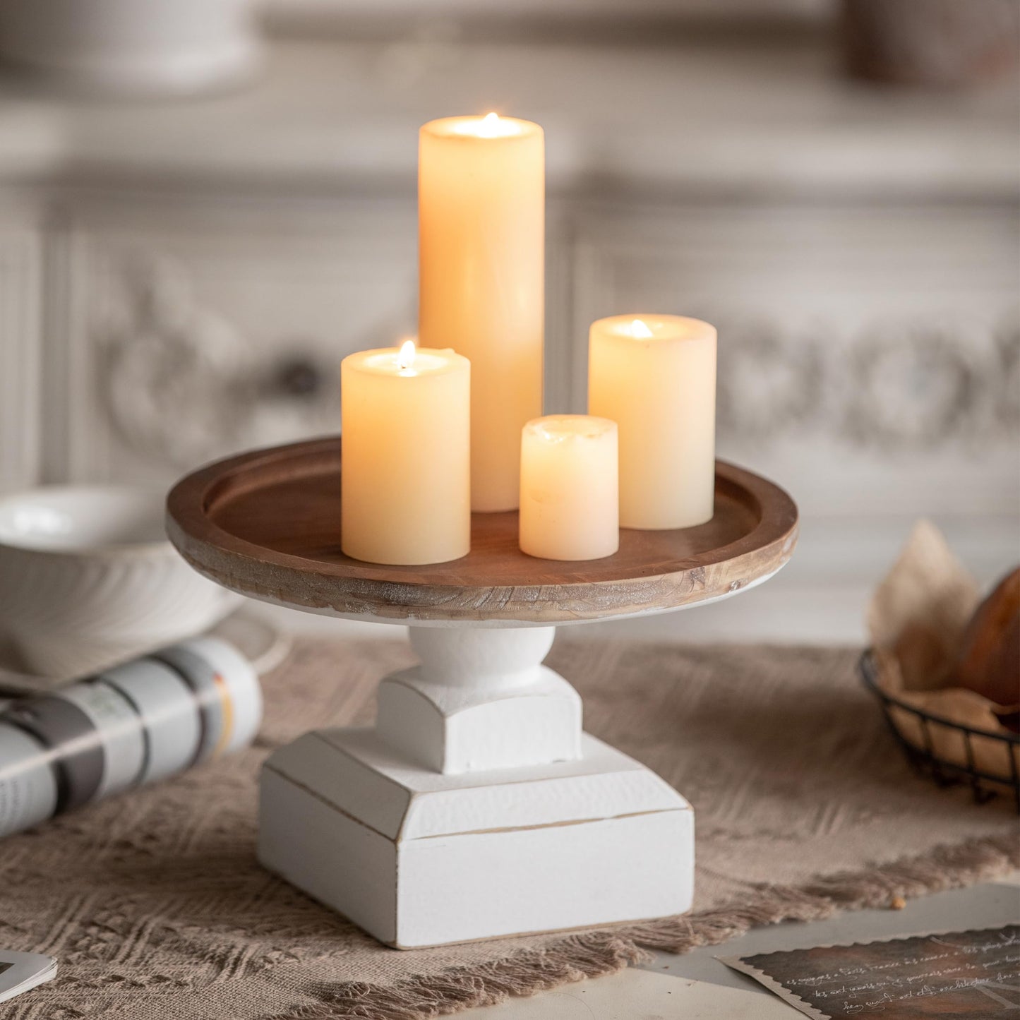 SOFE Round Wood Cake Stand Rustic - 9 Inch White Cake Pedestal Stand - Cake Plate Stand Display Riser for Dessert Table - Candle Holder Tray for Birthday, Parties, Wedding
