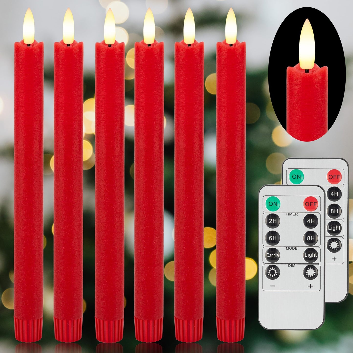 AFINETH Red Flameless Taper Candles with Rmote, 9.6" Real Wax Battery Operated Candles with 3D Wick, 6 Pack Flickering Led Candlesticks, Electric Candle for Home, Wedding, Party, Decor