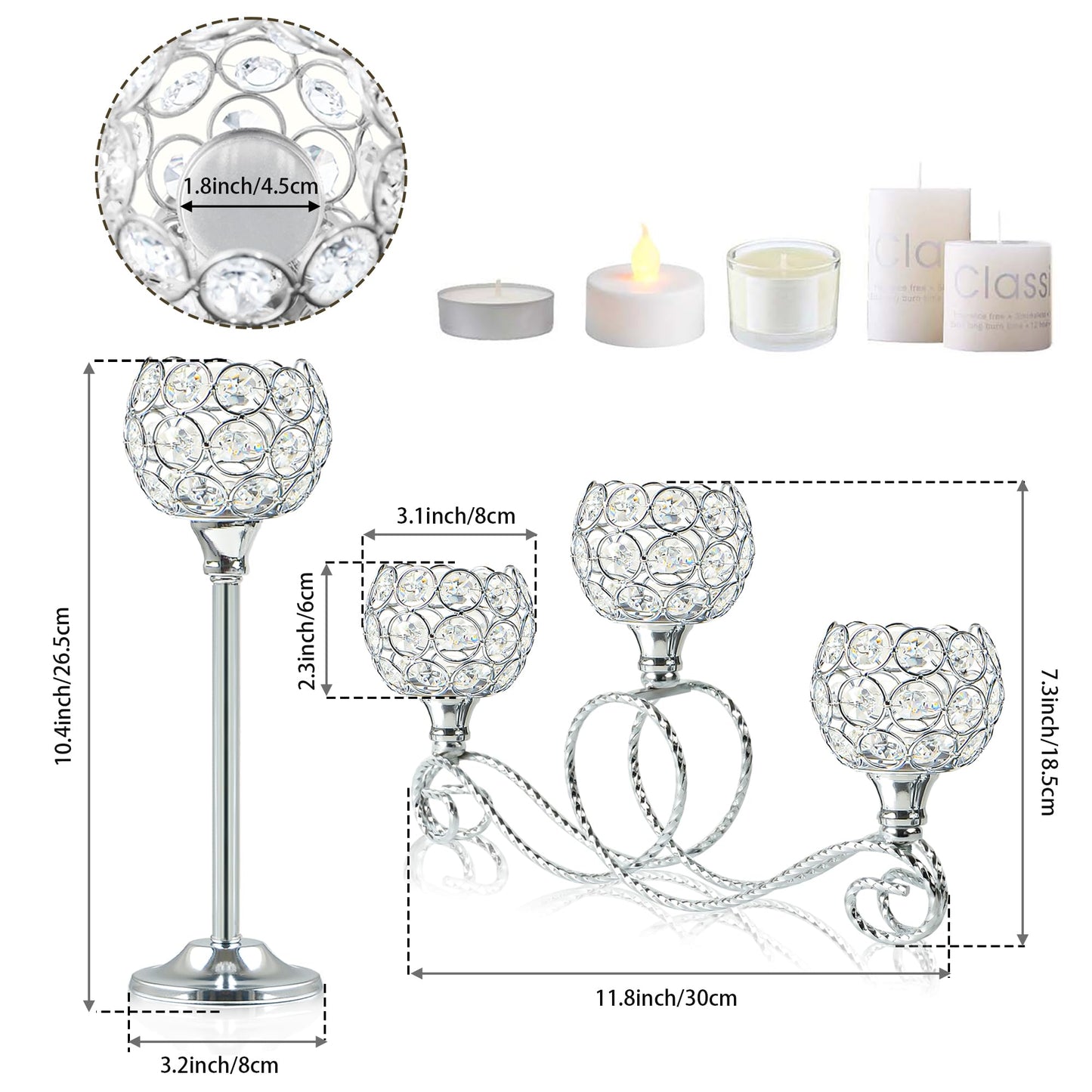 Silver 5 Arm Metal Crystal Tea Light Candle Holder, Elegant Wedding Table Centerpiece Candle Holder, Christmas Wishing Crystal Bowl Candle Holder Suitable for Wedding Party Living Room Decoration