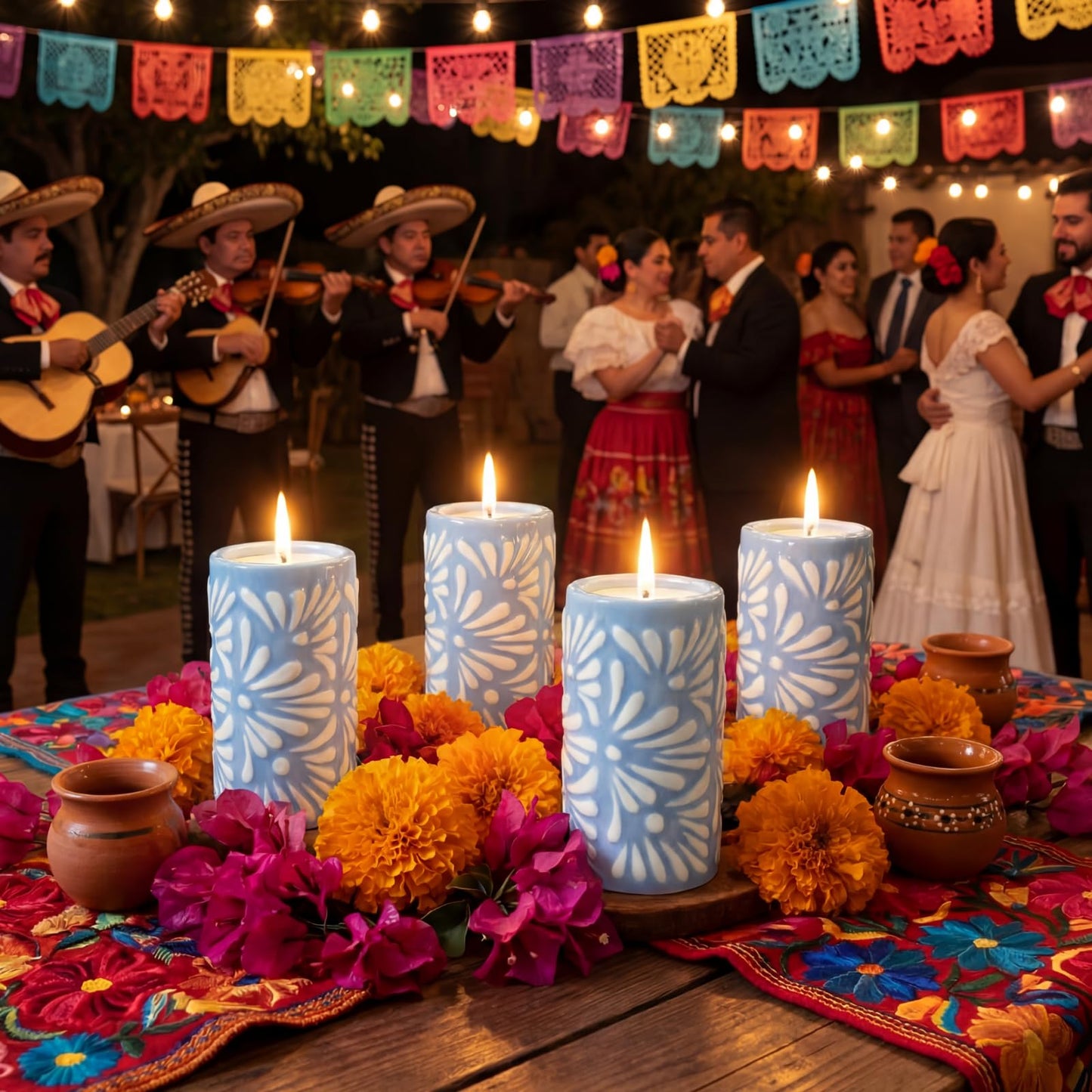 Lounsweer 4 Set Cielito Lindo Party Decorations Mexican Tequila Candle Talavera Mugs Candle for Fiesta Cinco De Mayo Birthday Bridal Shower Bachelorette May 5th Party Home Decor(Blue)