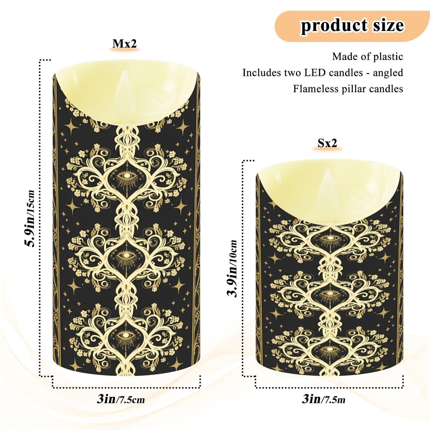 Gravopti Occult Baroque 2 Pack Flameless LED Pillar Candles with Remote & Timer, Battery Operated, Flickering Wax Candle for Wedding, Romantic Home & Party Decor