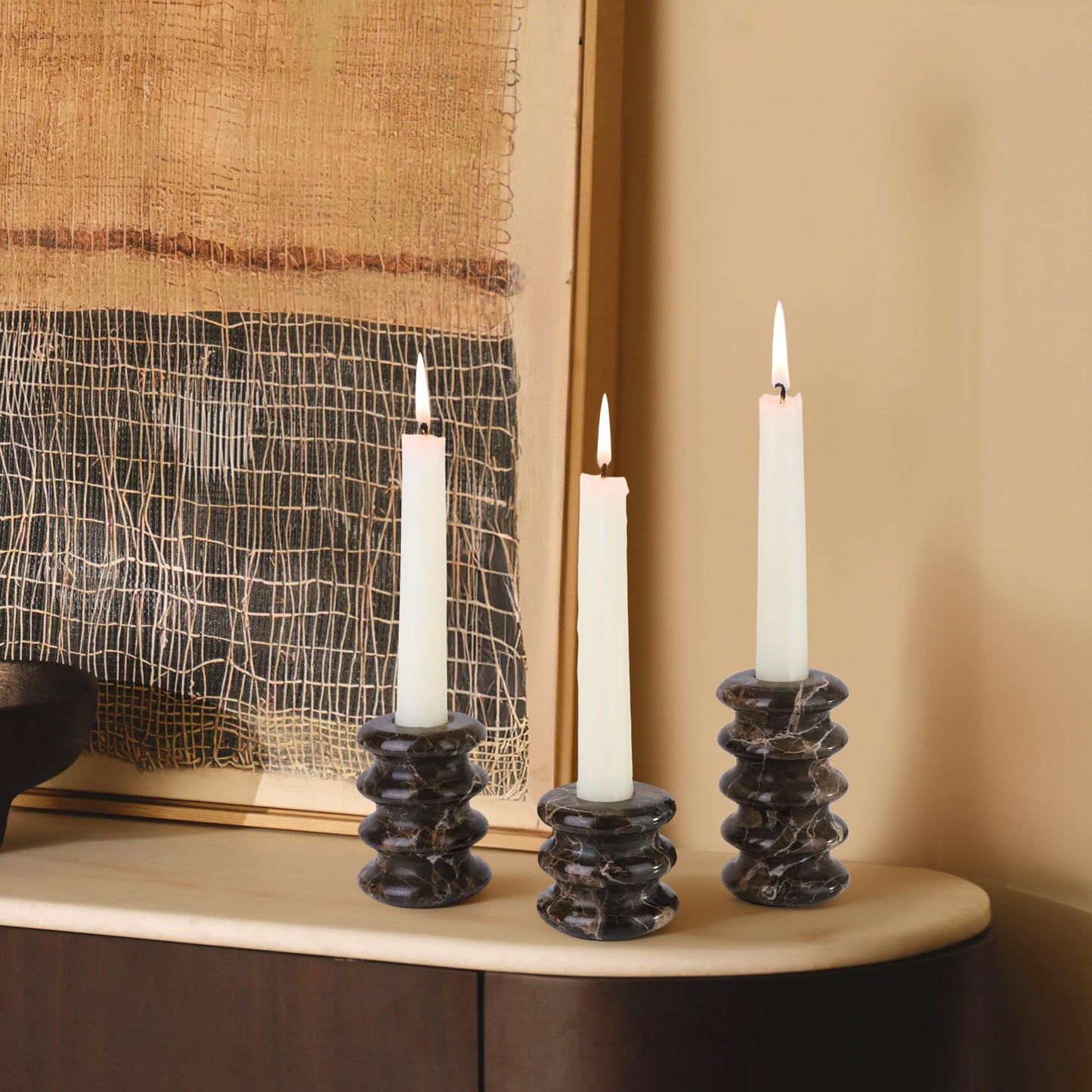 Vixdonos Marble Candle Holder Set of 3 Taper Candle Candlestick Mantle Candle Stand for Home Decor,Wedding,Party and Table Centerpieces(Brown)