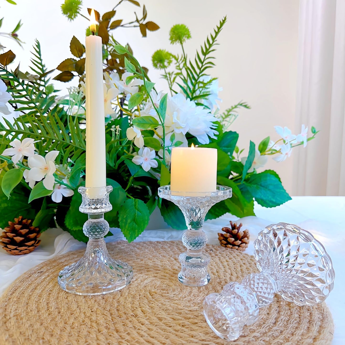 ECHFSM Glass Candlestick Holder,Striped Taper Candle Holders,Set of 6 Candle Stand for Table Centerpieces, Home Decor,Weddings,Festival and Parties (Clear Dimond Pattern)