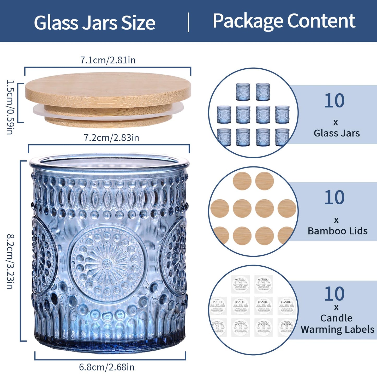 DARJEN 10 Pack Blue Candle Jars for Making Candles- 7.5 OZ Empty Glass Candle Making Jars with Bamboo Lids and Labels, Candle Making Supplies Candle Containers for DIY Gifts