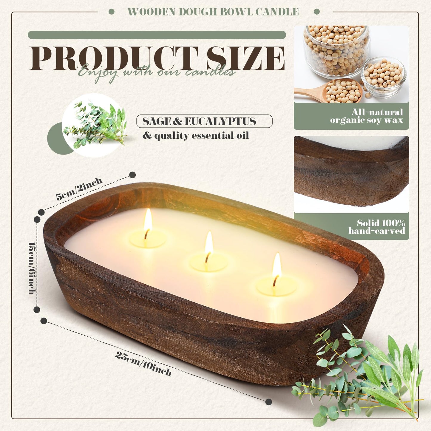 Lounsweer 2 Pack Wood Dough Bowl Candle 10inch Christmas Candle Decorative with Wick Sage and Eucalyptus Scented Candles Soy Xmas Gifts for Men Women Farmhouse Table Centerpiece Home