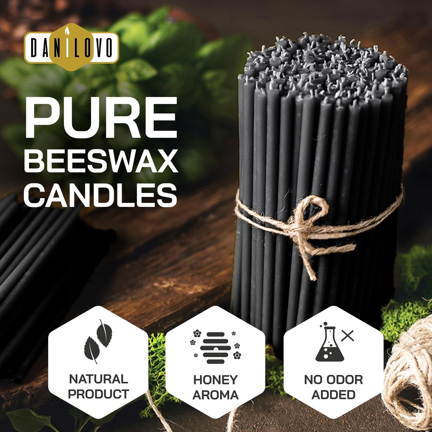 Danilovo Thin Taper Beeswax Candles - Honey-Scented, Decorative Candles Ideal for Birthday Decoration or Church Prayers - Black Drip Free, Tall & Smokeless Pack of 50 pcs, 7.3 x 0.24 inch