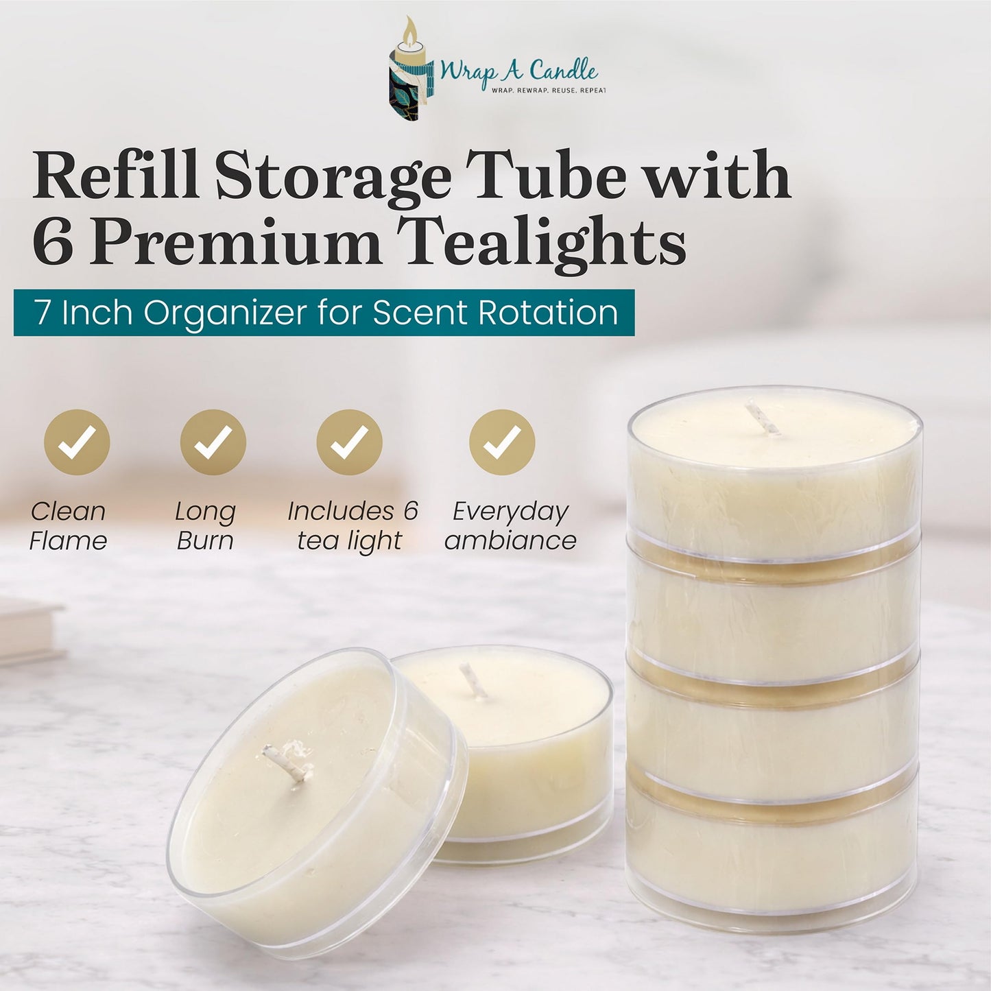 Jumbo Tealight Tower, Refill Storage Tube with 6 Premium Tealights, Fits Tall Wrap A Candle Base, 7 Inch Organizer for Scent Rotation, Vanilla Citrus Fresh Spice Holiday Unscented Choice, Gift Décor