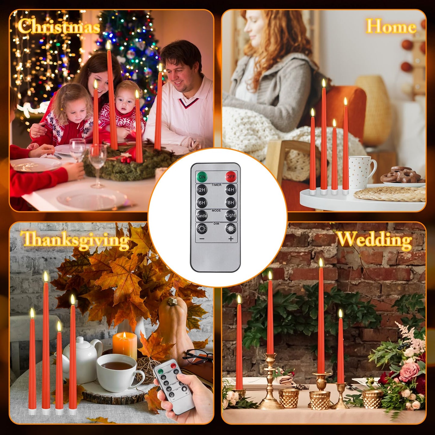 Rossesay 28 Pcs Flameless Taper Candles with Timer Remote 4 Sizes of 8.5", 9.6", 10.83", 12.8" LED Flickering Taper Candles Battery Operated for Valentine's Day Church Wedding Home Decor(Orange)