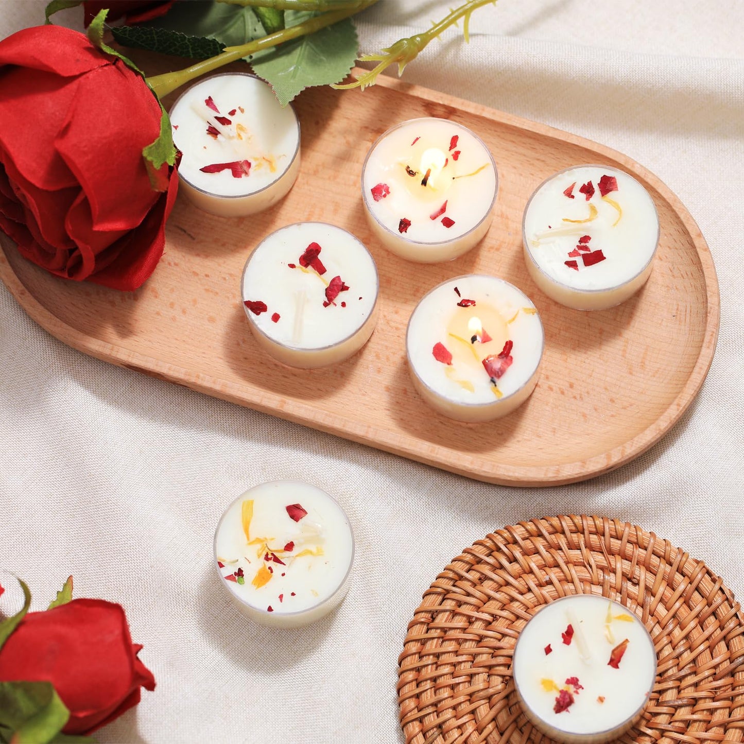 16Pcs Rose Scented Tealight Candles, Palm Wax White Tea Lights, 4h Long Burning Tea Light Candles with Dried Flowers for Holiday, Wedding, Spa, and Home Decoration