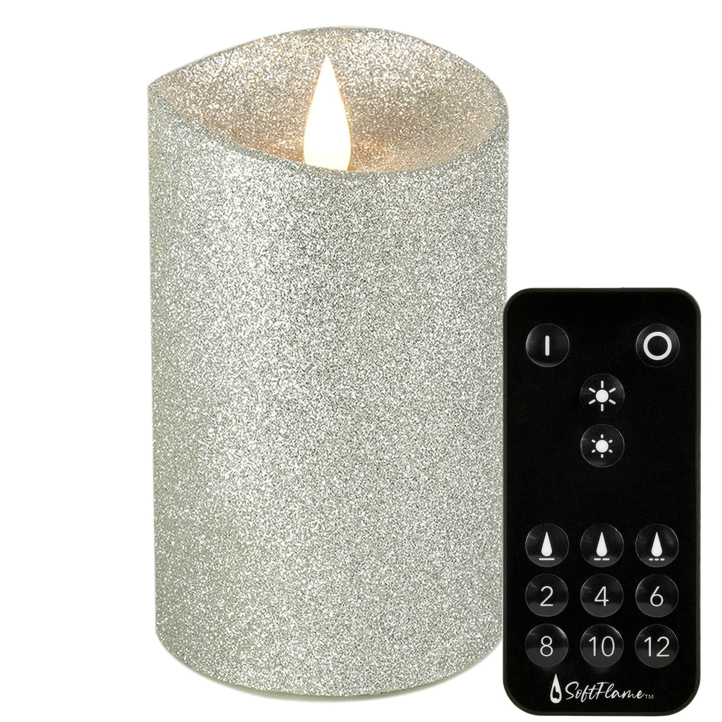 Softflame Real Wax Flameless LED Candles with Remote Control, 3"x 5"Flickering 3D Moving Flame Battery Operated Candles for Indoor Use, Home Decor Glitter Silver