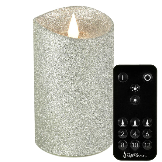Softflame Real Wax Flameless LED Candles with Remote Control, 3"x 5"Flickering 3D Moving Flame Battery Operated Candles for Indoor Use, Home Decor Glitter Silver