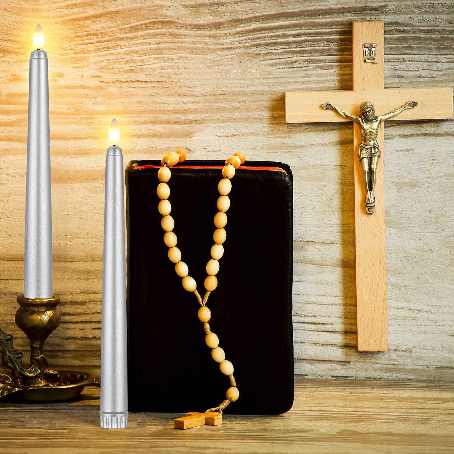 Macarrie 24 Packs Flameless Taper Candles Battery Operated Fake 11 Inch Long Candlelight LED Flameless Candlesticks Flickering Tapered for Spring Summer Wedding(Silver)