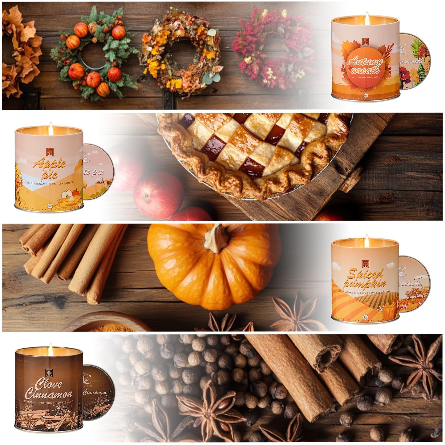 Scented Candle Set, 4Pack Aromatherapy Soy Wax Candles Valentine's Day Gift for Her Him, Holiday Candles for Women Men (Apple/Wreath/Cinnamon/Pumpkin