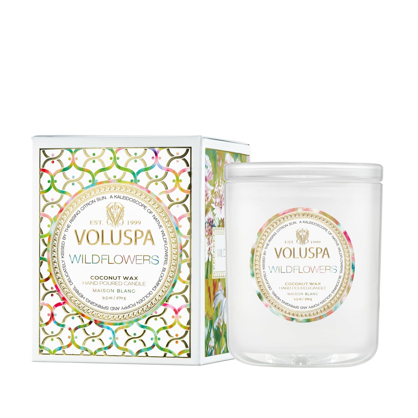 Voluspa Wildflowers, Classic Boxed Candle, 9.5 Ounce, 60 Hour Burn Time, Coconut Wax for Clean Burning, Handcrafted in the USA