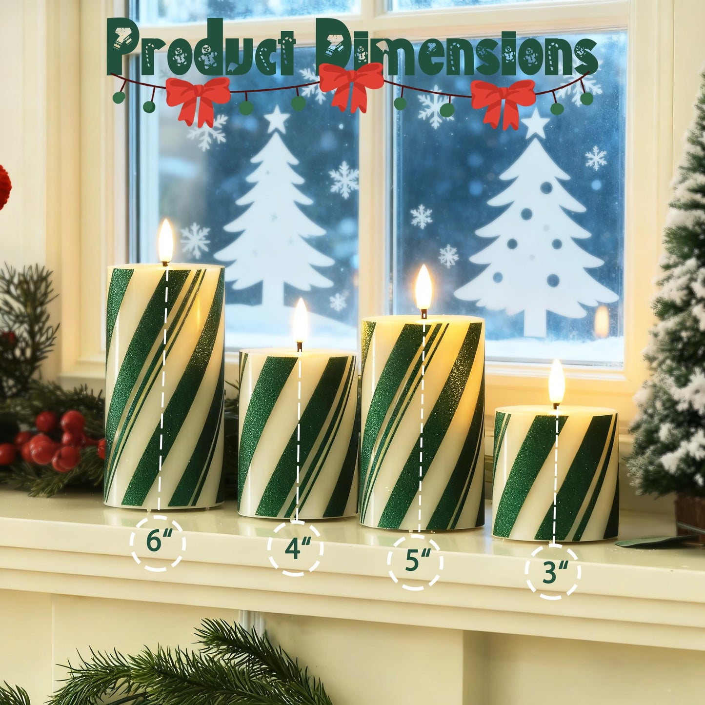 JOIONE Green Striped Flameless Pillar Candles with Remote Set of 4, Battery Operated Real Wax LED Candy Cane Candles, Perfect for Christmas Window, Dinner & Holiday Xmas Decor