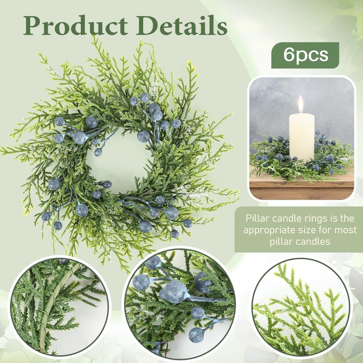 6 Pcs Mini Blueberry Wreaths Candle Rings Artificial Spring Summer Candle Wreaths for Pillars Rustic Wedding Farmhouse Wreath Table Centerpiece Decoration for Cabinet Kitchen Front Door Home Decor