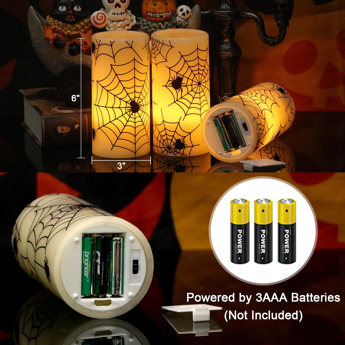 GenSwin Halloween LED Flickering Flameless Candles Battery Operated with Spider Decals, 3 Pcs Pillar Candlestick Real Wax with 6H Timer for Decoration