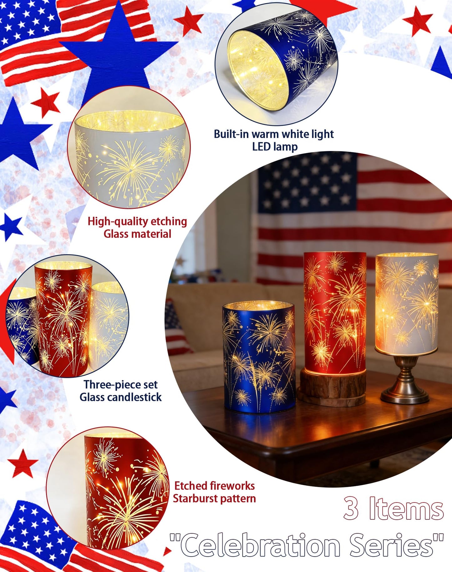 Set of 3 Celebration Fireworks Glass Hurricanes, New Etched Firework Starburst Glass Hurricane Lamp with LED Lights, 250 Anniversary America Centerpieces for Mantel, Dining Table (Warm Light-B)