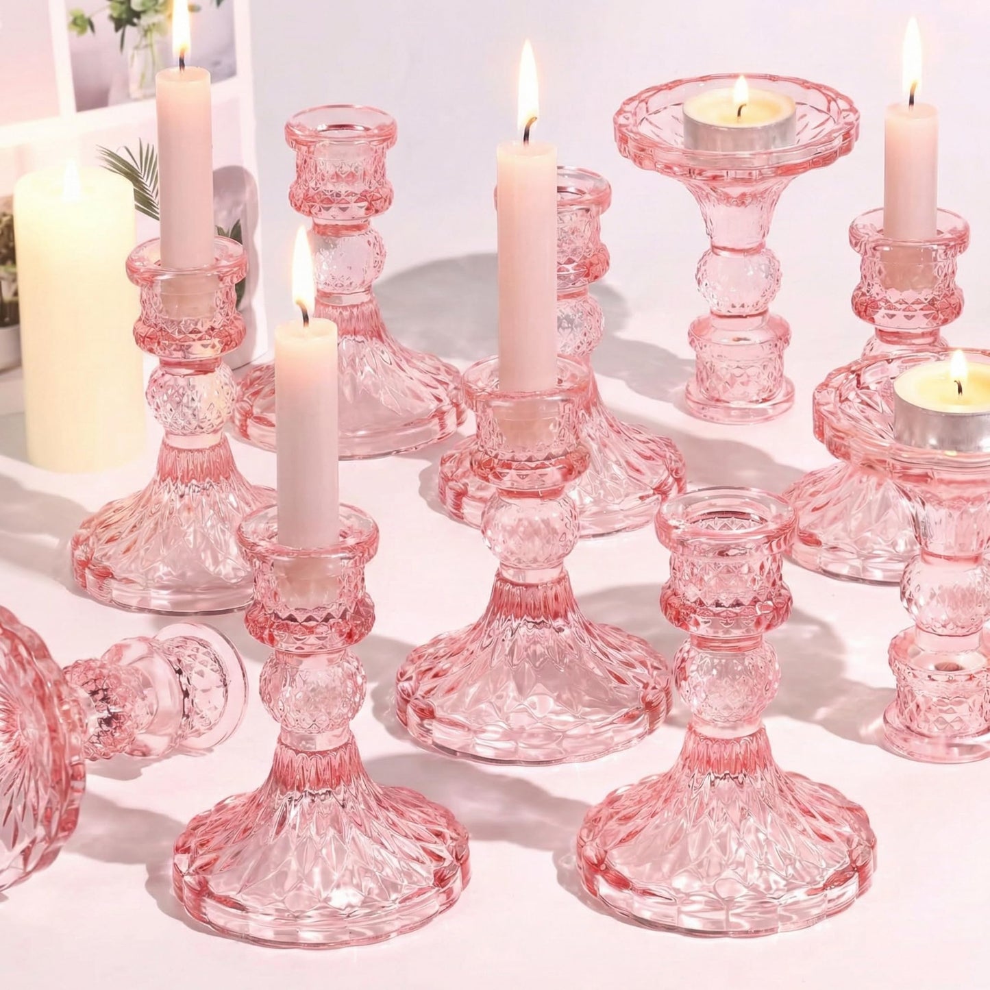 Simeitol Glass Candle Holder Set of 12, Pink Taper Candle Holders Bulk, Vintage Candlestick Holders, Candle Stick Holder for Table Centerpieces, Wedding & Mother's Day