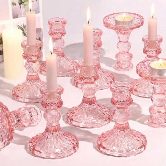 Simeitol Glass Candle Holder Set of 12, Pink Taper Candle Holders Bulk, Vintage Candlestick Holders, Candle Stick Holder for Table Centerpieces, Wedding & Mother's Day