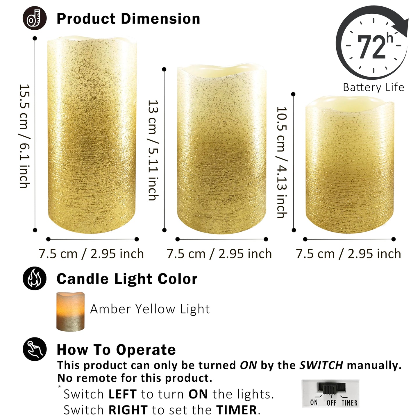FURORA LIGHTING Gold Glitter Flameless Pillar Candles - Real Wax, 5/19 Auto Timer, Set of 3 (3x4, 3x5, 3x6), Batteries Included, Home Decor