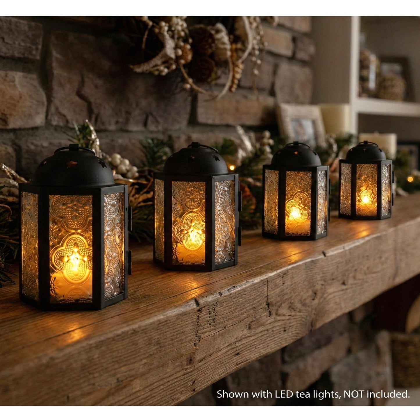 VELA LANTERNS Mini Moroccan Tea Light Candle Holder Lanterns – 4.25" Small Decorative Lantern for Table or Hanging, Metal with Glass Panels – Ramadan, Wedding, Home Decor, Frosted Clear (Set of 4)