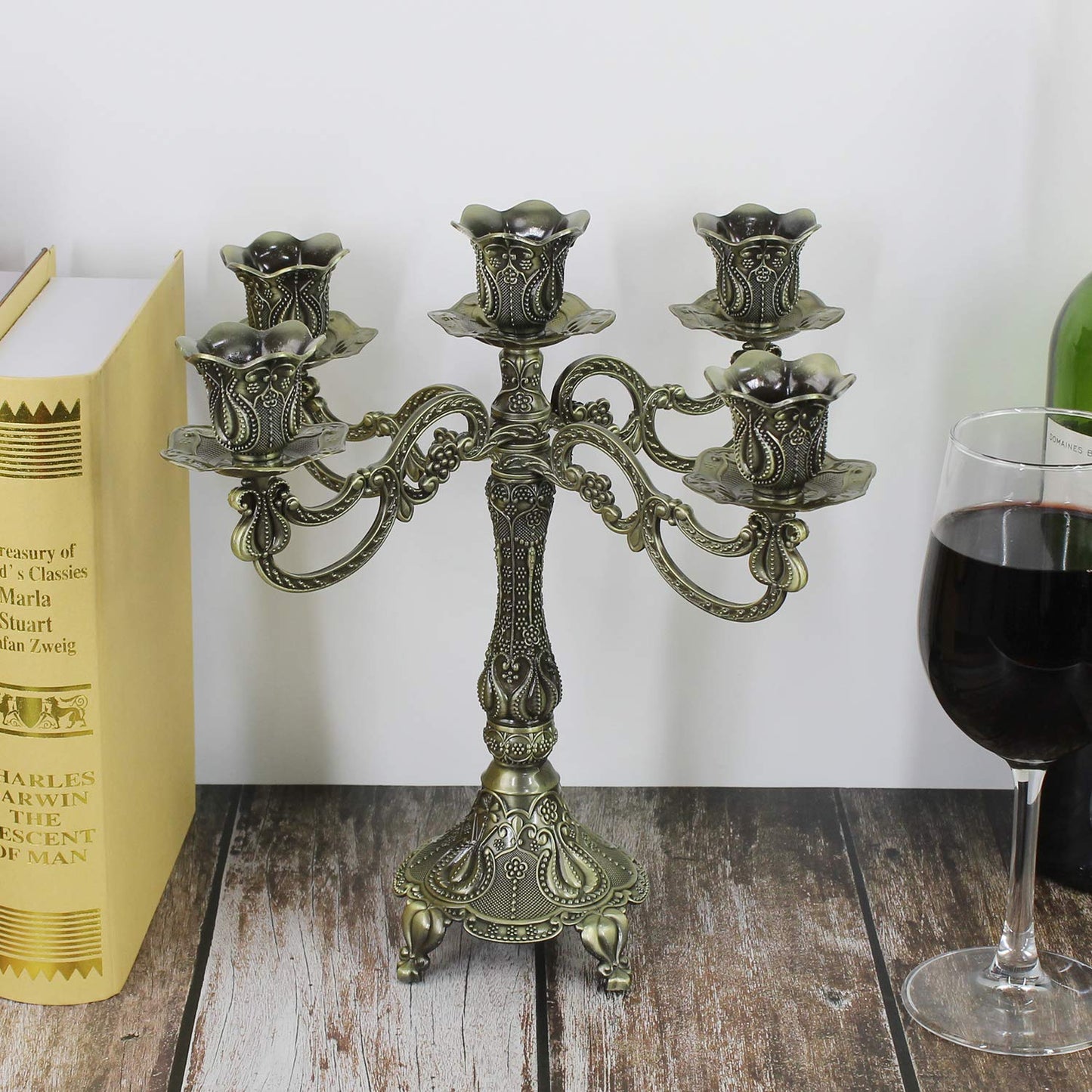 Dorlotou Metal Candelabra 5-Candle 10.1 Inch Tall Candle Holder Stick for Home Wedding Event and Party Festival,Bronze