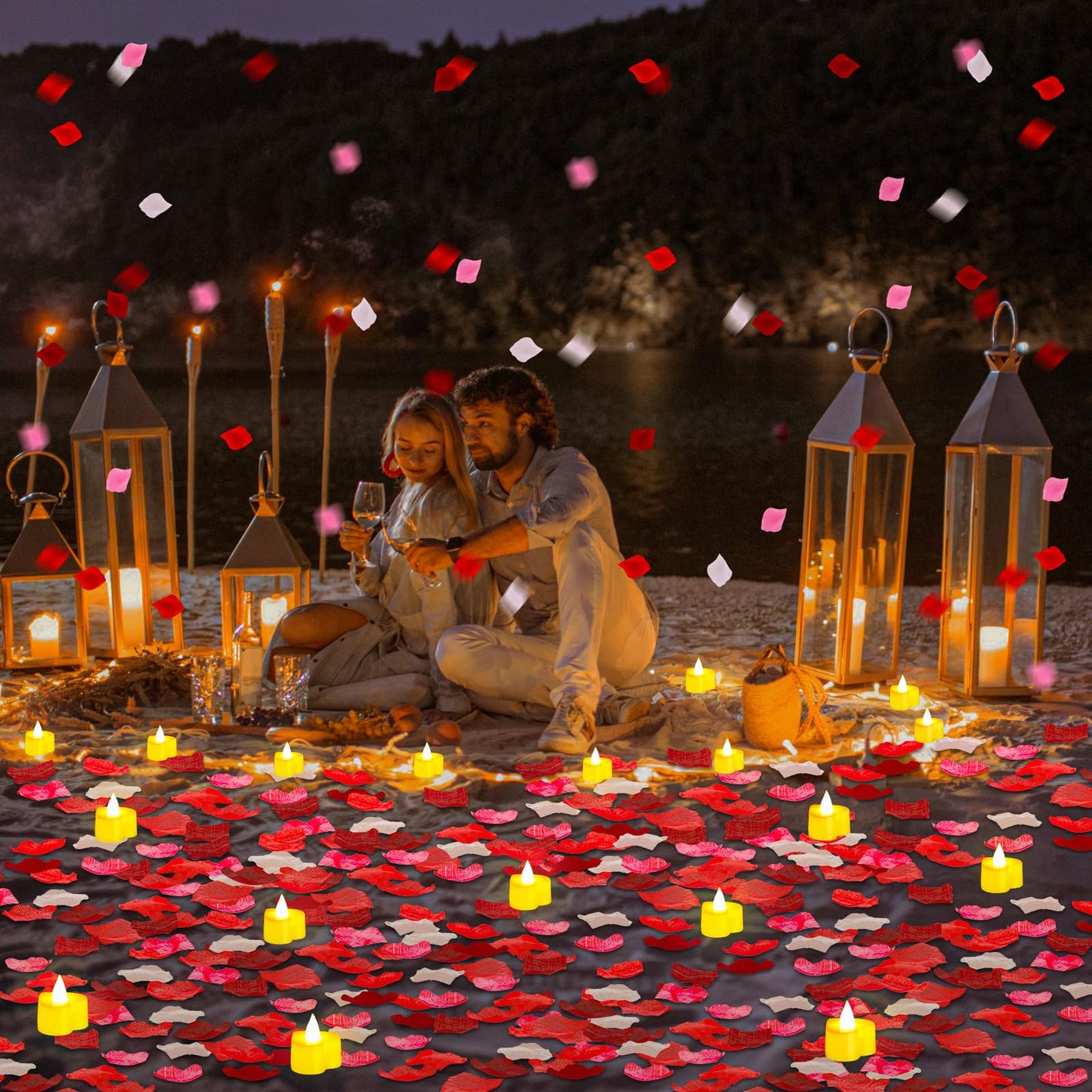 Coume 6000 Pieces Artificial Rose Petal 72 Pieces LED Tealights Candle, Romantic Decorations Special Night Rose Petal Heart Candle for Valentines Wedding Anniversary Proposal Decor(Cute White Light)