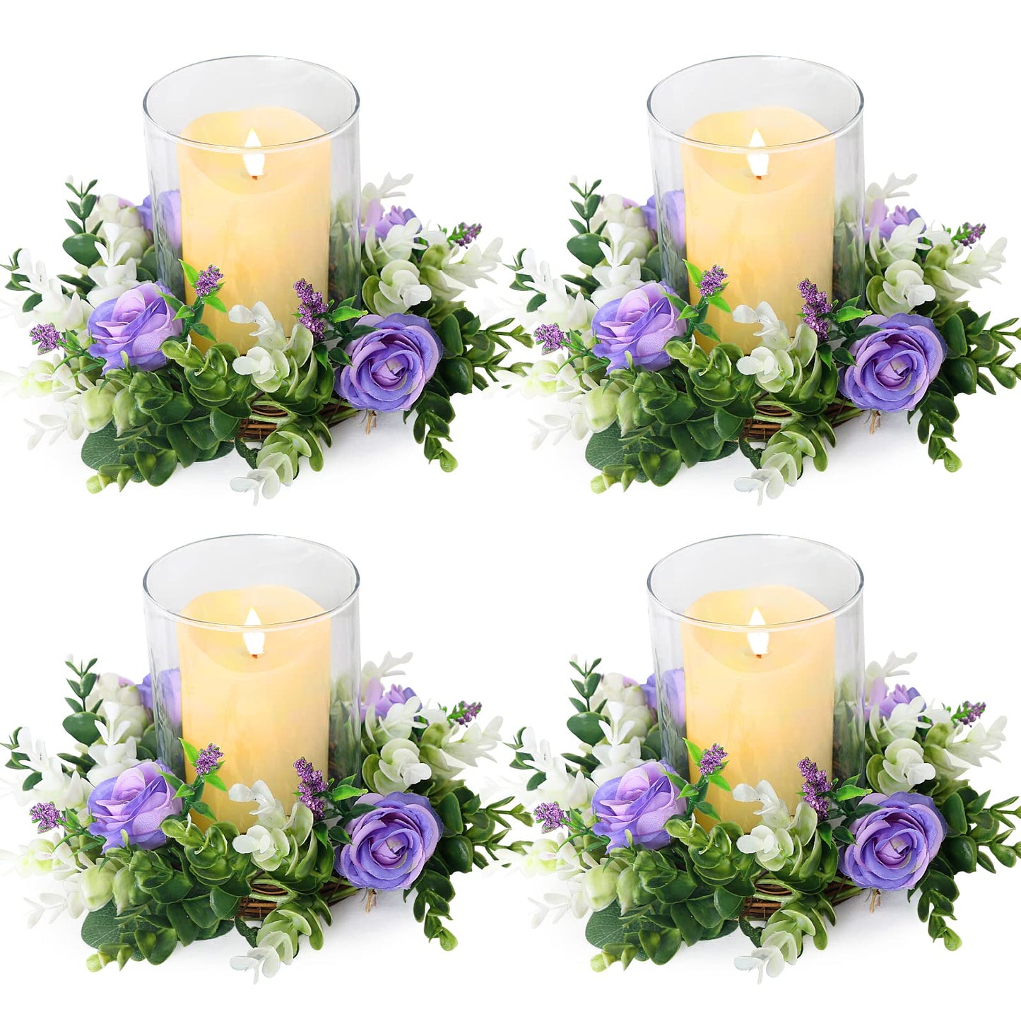 Acmee 4 Pcs Purple Rose Candle Rings - Artificial Floral Wreaths with Eucalyptus Leaves Greenery Flower Wreaths for Pillar Farmhouse Wedding Centerpiece Party Home Decor