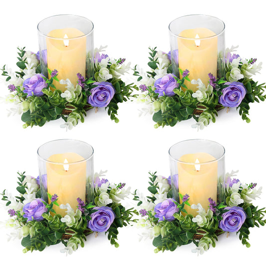 Acmee 4 Pcs Purple Rose Candle Rings - Artificial Floral Wreaths with Eucalyptus Leaves Greenery Flower Wreaths for Pillar Farmhouse Wedding Centerpiece Party Home Decor