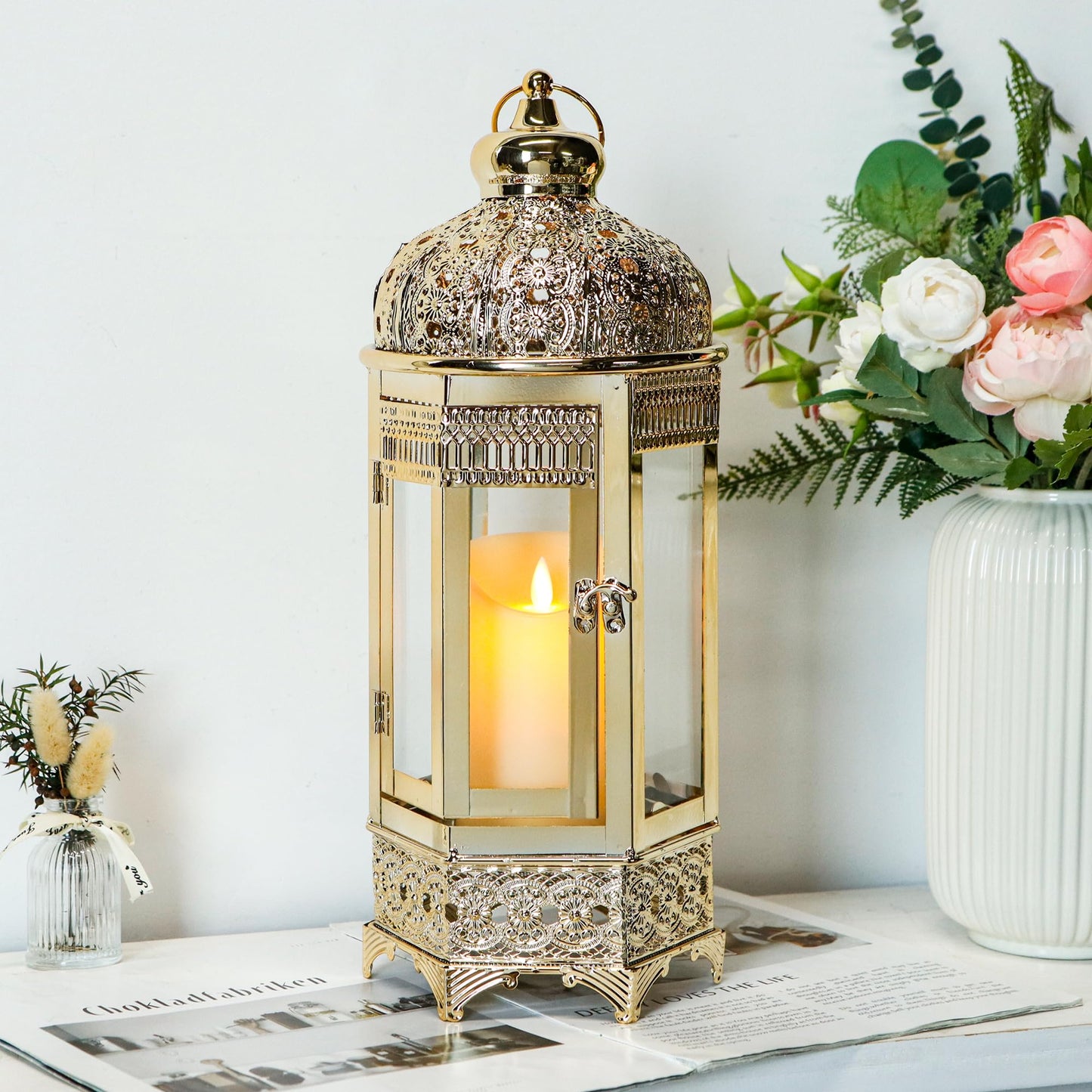 TRIROCKS Moroccan Candle Lantern16'' Gold Hexagonal Candle Holder with Tempered Glass Decorative Indoor Outdoor Ramadan Lantern for Living Room Garden Yard Patio Parties Events (Gold)