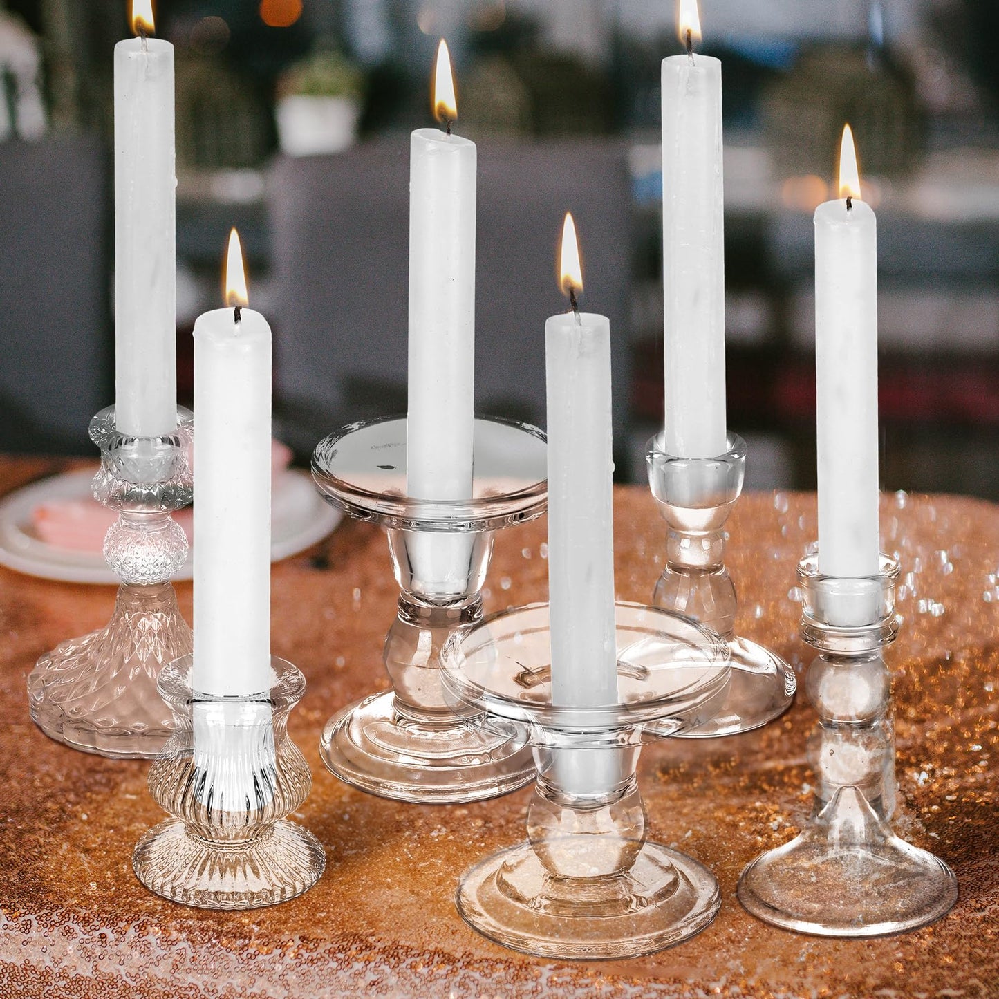 Potchen 8 Pieces Glass Taper Candle Holders Clear Short Stripe Taper Candlestick Holders Bulk Elegant Glass Candle for Table Centerpiece Wedding Christmas Party Decor Festival Home Decoration