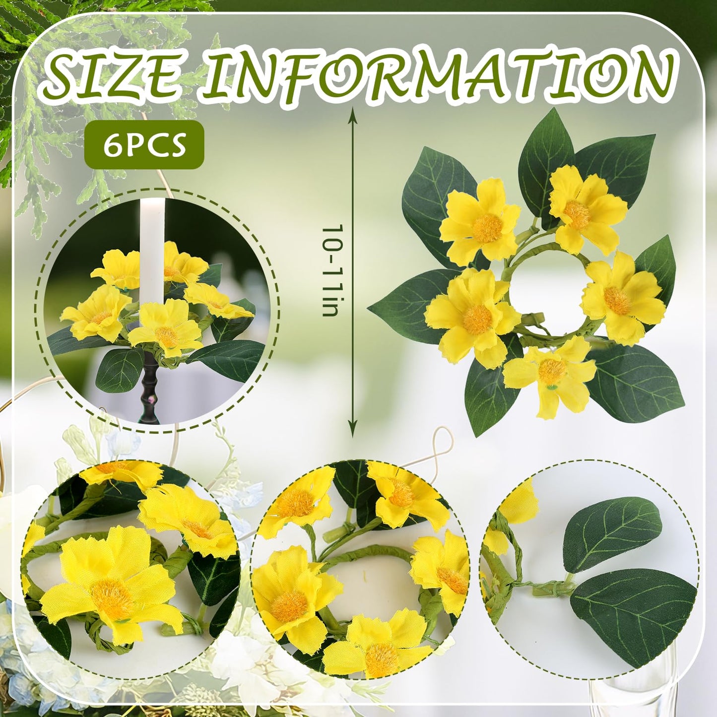 6 PCS Summer Yellow Daisy Taper Candle Rings Wreaths 1.38" Mini Spring Summer Floral Taper Candle Holder Wreaths Artificial Flower Farmhouse Table Centerpieces Wreath for Rustic Home Candlestick Decor