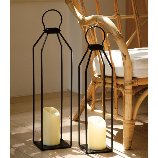 Perfnique Modern Farmhouse Lantern Decor, 19.7'' 22'' Set of 2 Black Metal Lanterns, 2 LED 6hr Timer Flickering Flameless Candles, Lanterns Decorative for Porch, Patio, Fireplace Mantle, Christmas