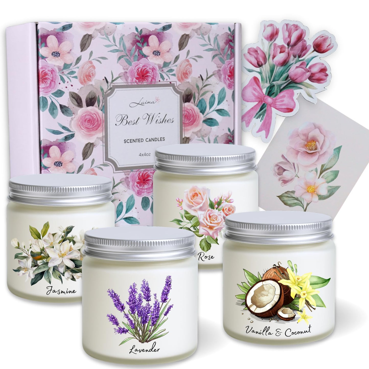 Luina Scented Candle Gift Set – Floral Soy Candles in Glass Jars, 4 Pack Candle Set for Home Fragrance, Flower Scented Candles Gift for Women, Birthday, Mother’s Day, Housewarming Decor