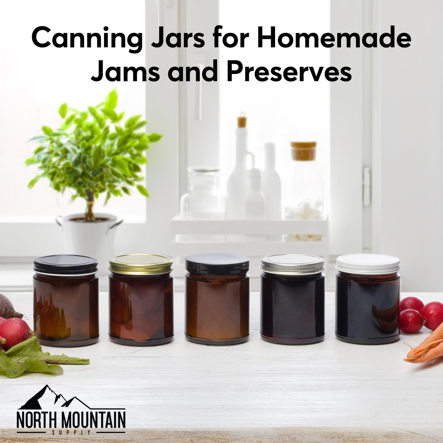 North Mountain Supply 9 Ounce Amber Glass Straight Sided Mason Canning Jars - with 70mm White Metal Lids - Case of 12