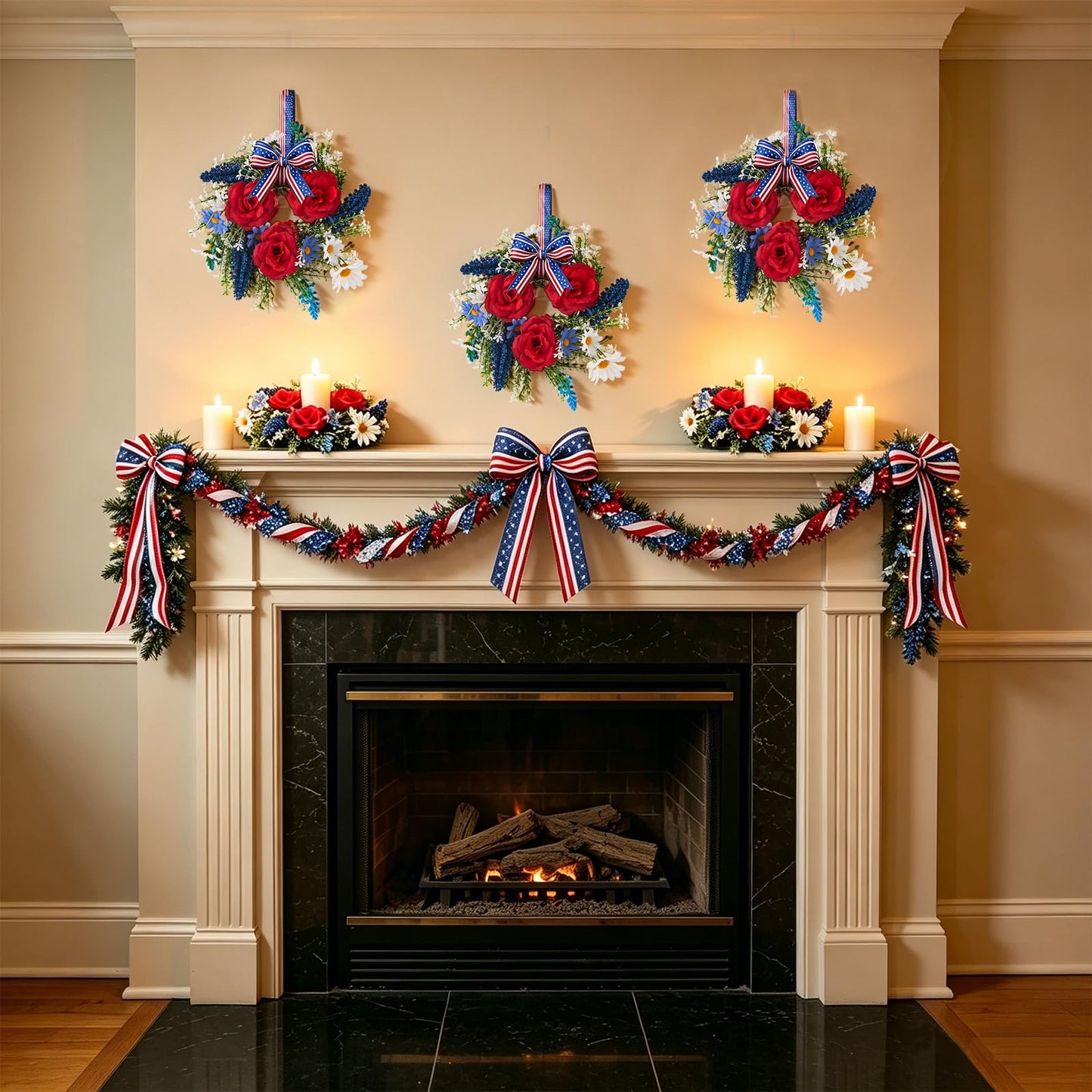 Mini 4th of July Wreath 4Pcs, 11.8 Inch Small Patriotic Wreath with Ribbon, Artificial Rose Lavender Daisy Wreath, Hanging/Tabletop/Candle Ring Decor for Home Front Door, Porch, Wall, Window, Cabinets