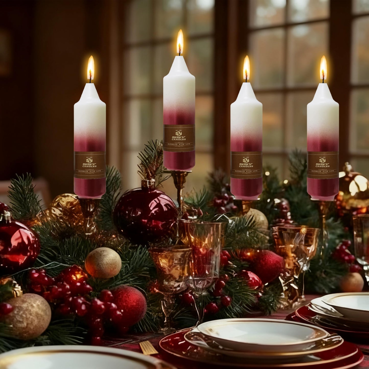 Christmas Metallic Red Candle 5 Inch Short Smokeless Taper Candles 4 Pack Unscented Dinner Candle for Christmas Dinner
