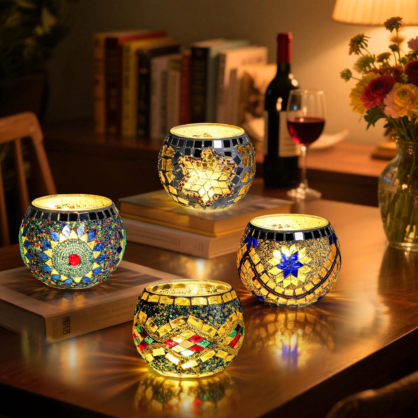 DEAYOU 4 Pack Glass Candle Holders Mosaic, Decorative Glass Tealight Votive Holder Bowl, Scented Candle Stand for Lighting Decor, Gift, Aromatherapy, Also Used as Vase, Pen Holder, Potted Plant Bowl