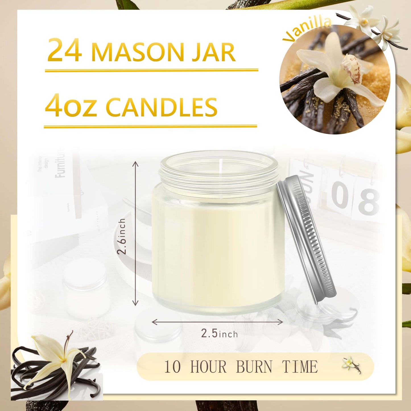 Cmoott 24 Pcs 4 Oz Mason Jar Candles, Vanilla Scented Soy Candles Bulk Set for Stress Relief and Relaxation, Great Favors for Wedding, Christmas, Housewarming Gifts (Silver, Vanilla, 24)