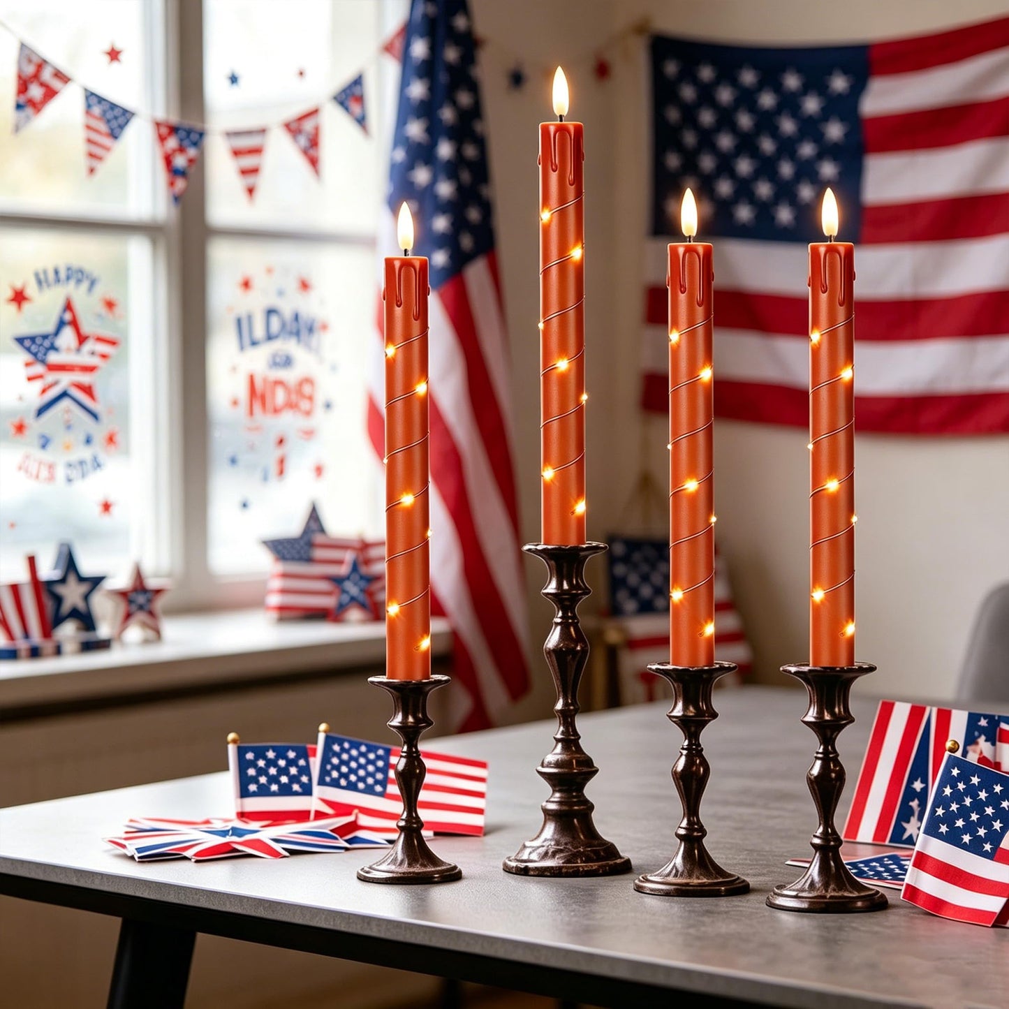 Patriotic Flameless Taper Candles with Remote for 250th Anniversary Decorations，3D Flickering Flame LED Candles Arounded with Starlight String for 4th of July Decoration, Pack of 6, Reddish Brown
