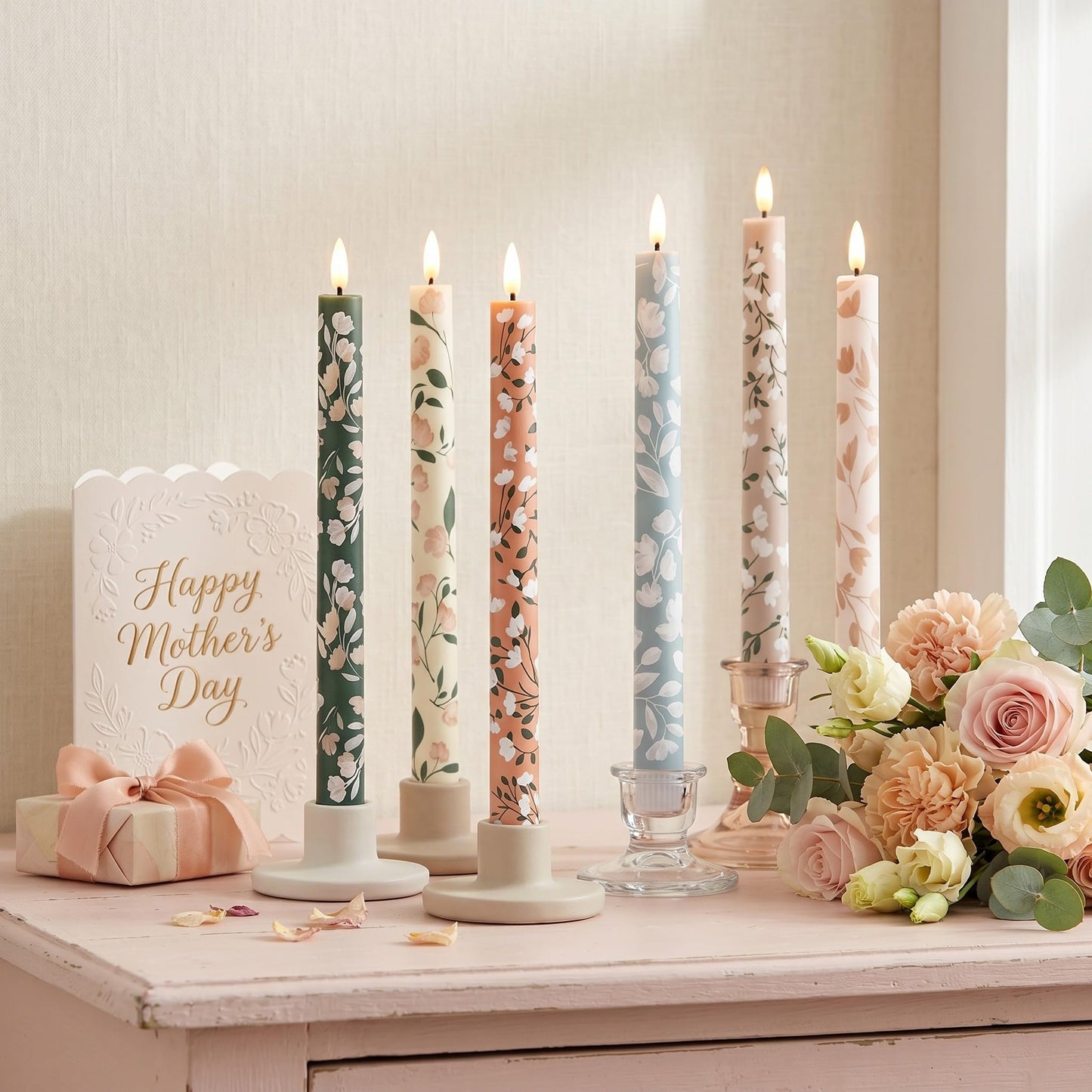 Honoson 6 Pcs Mother's Day Flameless Taper Candles 10.6 Inch Pastel Spring Flower Candles Battery Operated LED Candlesticks for Mother's Day Dinner Table Home Party Decor