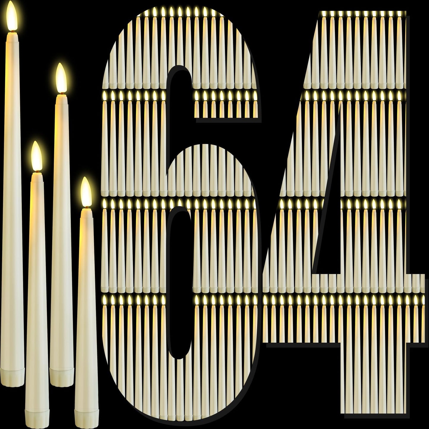 Rossesay 64 Pcs Wedding Flameless LED Taper Candles Battery Operated Candles 4 Sizes of 8.5'', 9.65'', 10.83'', 12.8'' Candlesticks Flickering for Halloween Christmas Church Wedding(Ivory White)