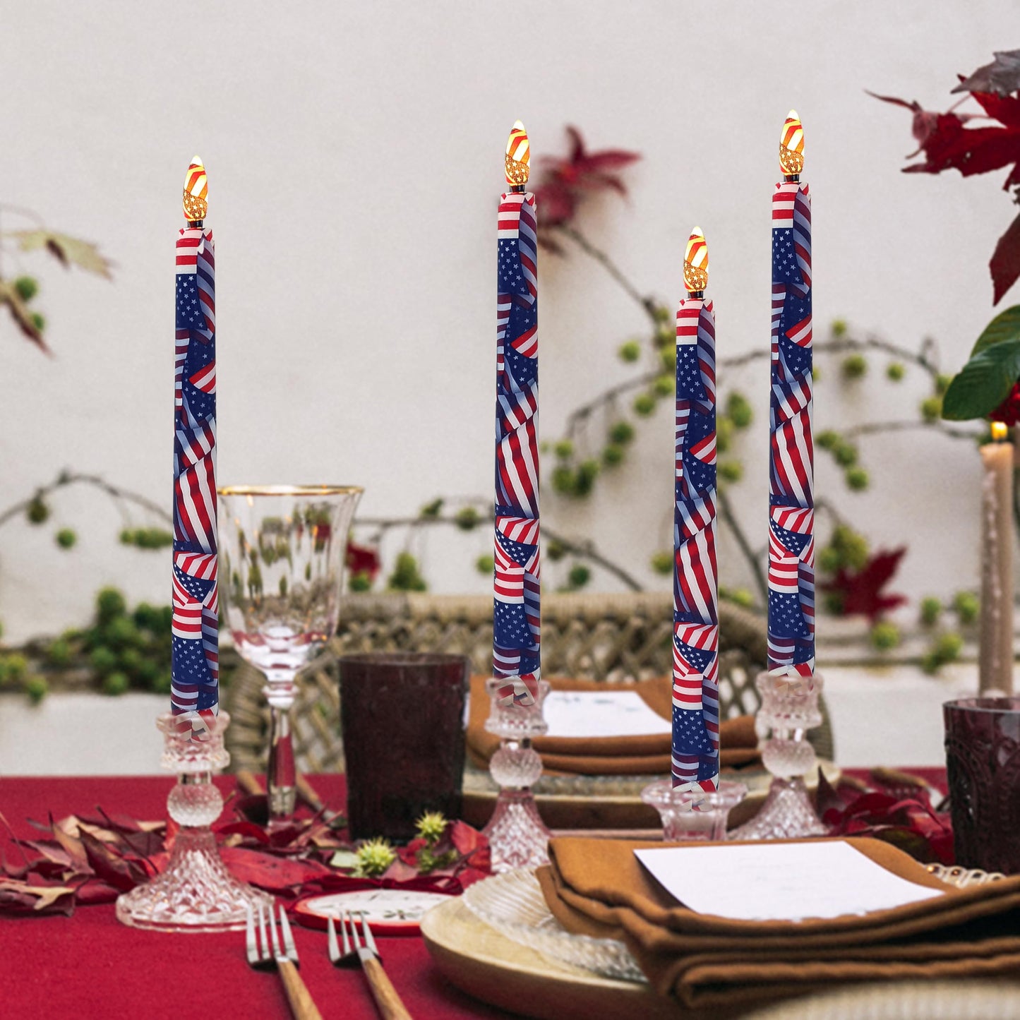 6PCS Patriotic US Flag Stars and Stripes Flameless Taper Candles, 11 Inch LED Candlesticks Battery Operated with 11-Key Remote and Timer, 3D Flickering Flame Lights for Wedding Party Home Decor Gifts