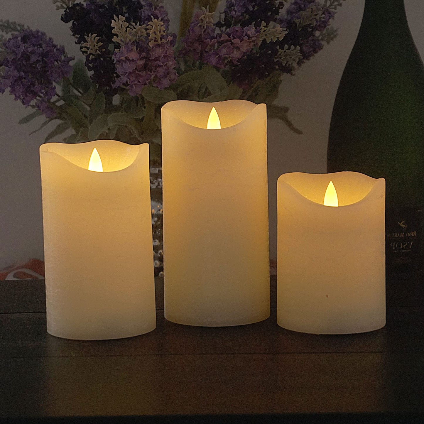 CANDLE CHOICE Battery Operated Flameless Candles with Timer Real Wax Realistic Flickering Electric LED Pillars Automatic Built-in Daily Cycle Timer 6-Hour on 18-Hour Off Set of 3 Rustic Texture Ivory