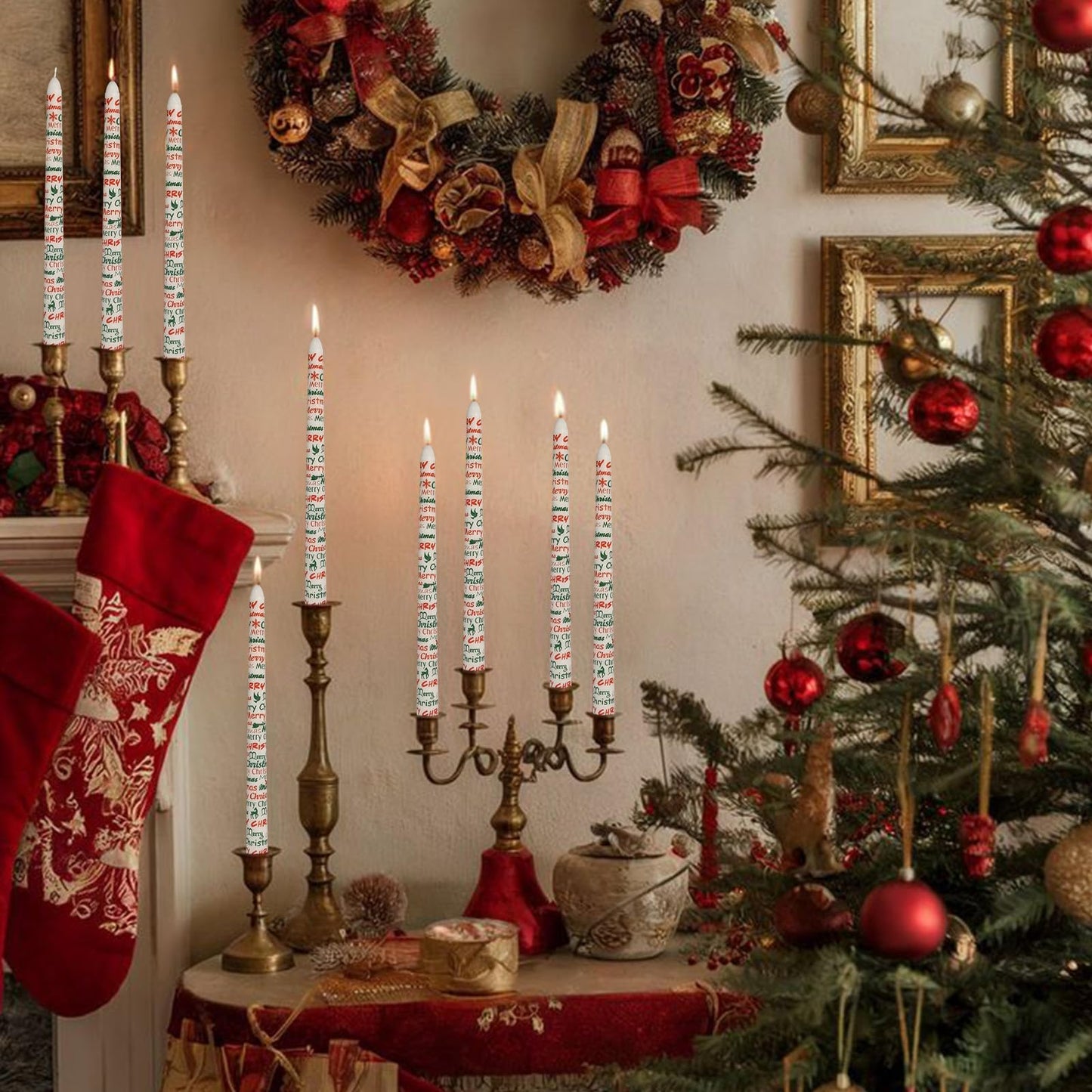 Floral Taper Candles 10 Inch Tall Unscented Handmade Merry Christmas Print Long Burning Elegant Candlesticks for Christmas Decor Gifts