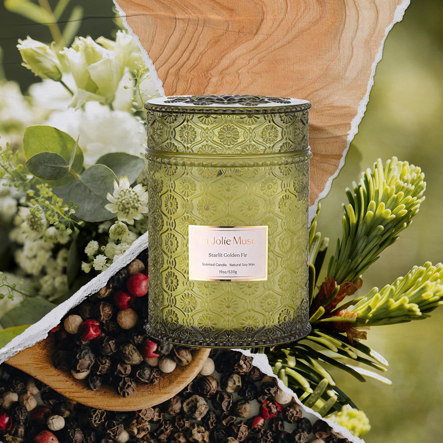 LA JOLIE MUSE Starlit Golden Fir Candle – Pine, Cedarwood, Fir Balsam | 19 oz Large Wooden Wick Candle | Natural Soy Wax | 90 Hours Clean Burn | Gift-Ready for Hosts & Gatherings