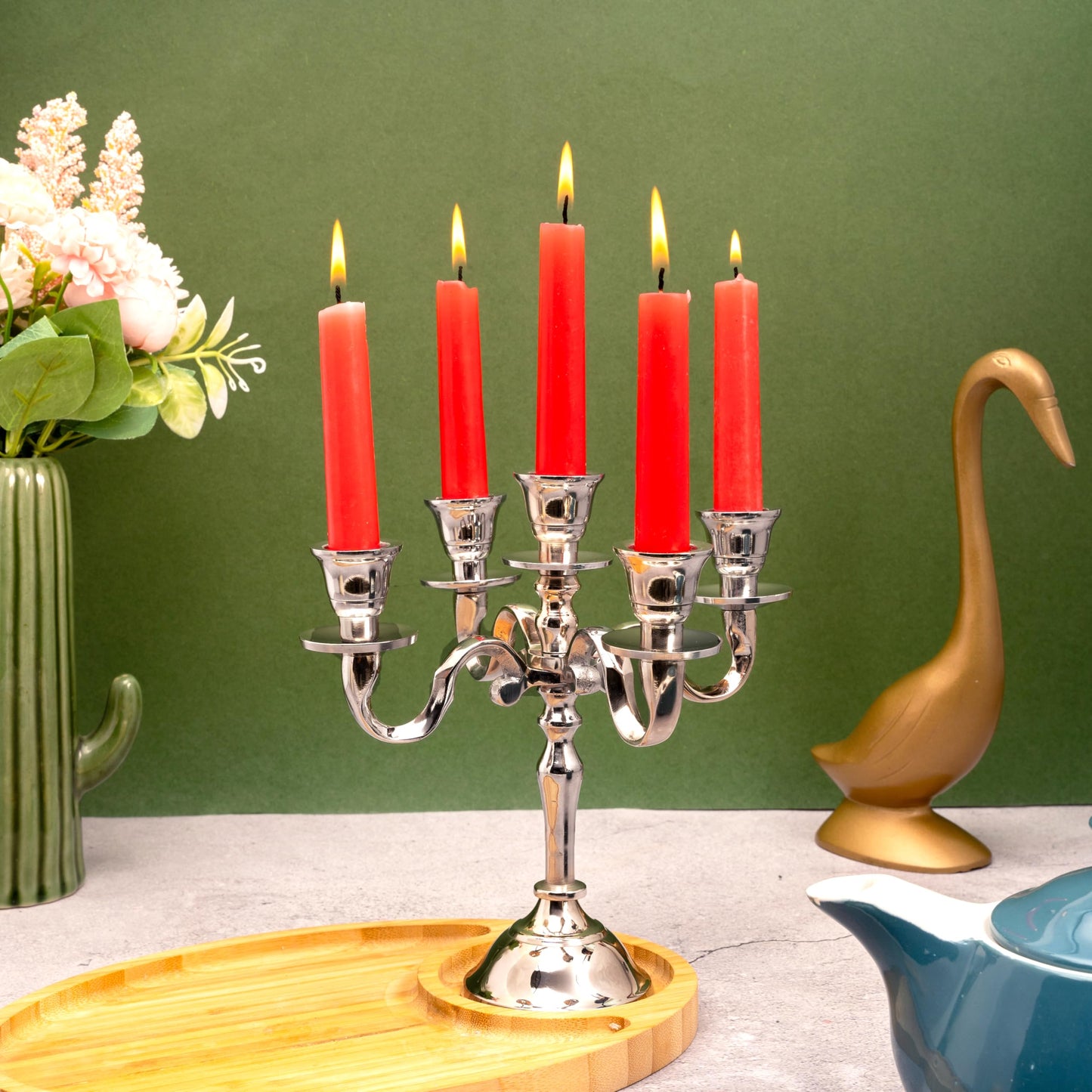 Rely+ 5 Arm Baby Candelabra Silver Glossy 8 Inch Taper Candle Holders Gothic Decorations Candlesticks Holder Home Decor Wedding Parties Centerpiece for Dining Table